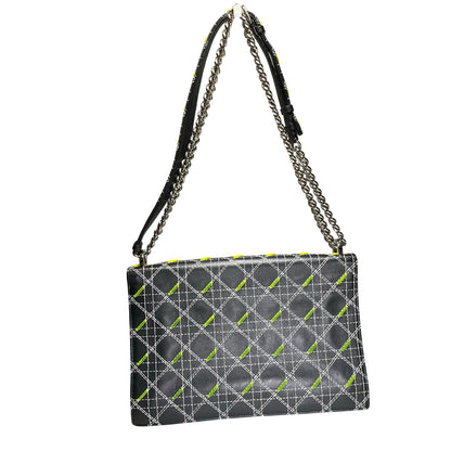 Used DIOR Cannage Leather Diorama Chain Shoulder Bag Black Yellow White PHW