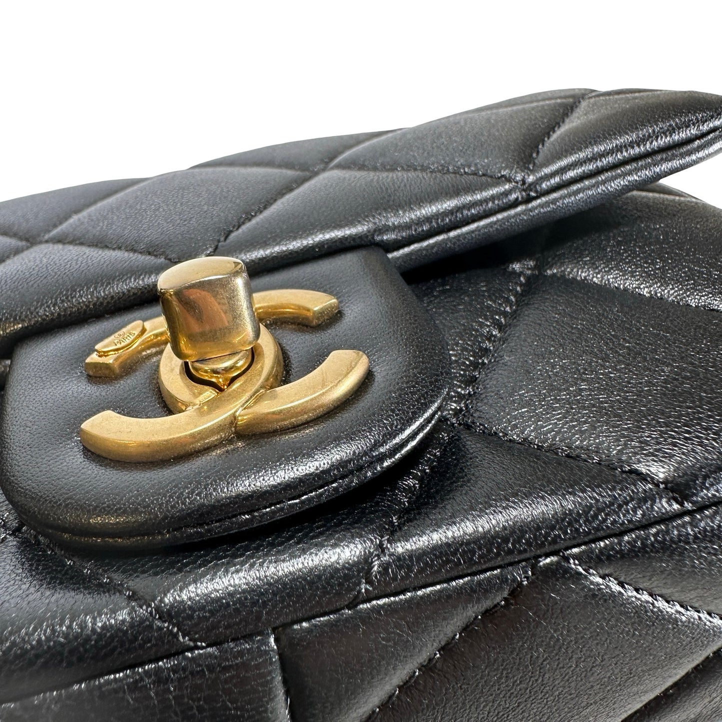 Used CHANEL Lambskin Quilted Mini Flap Bag Pearl Crush Mini Flag Bag with Gold Ball Black Gold