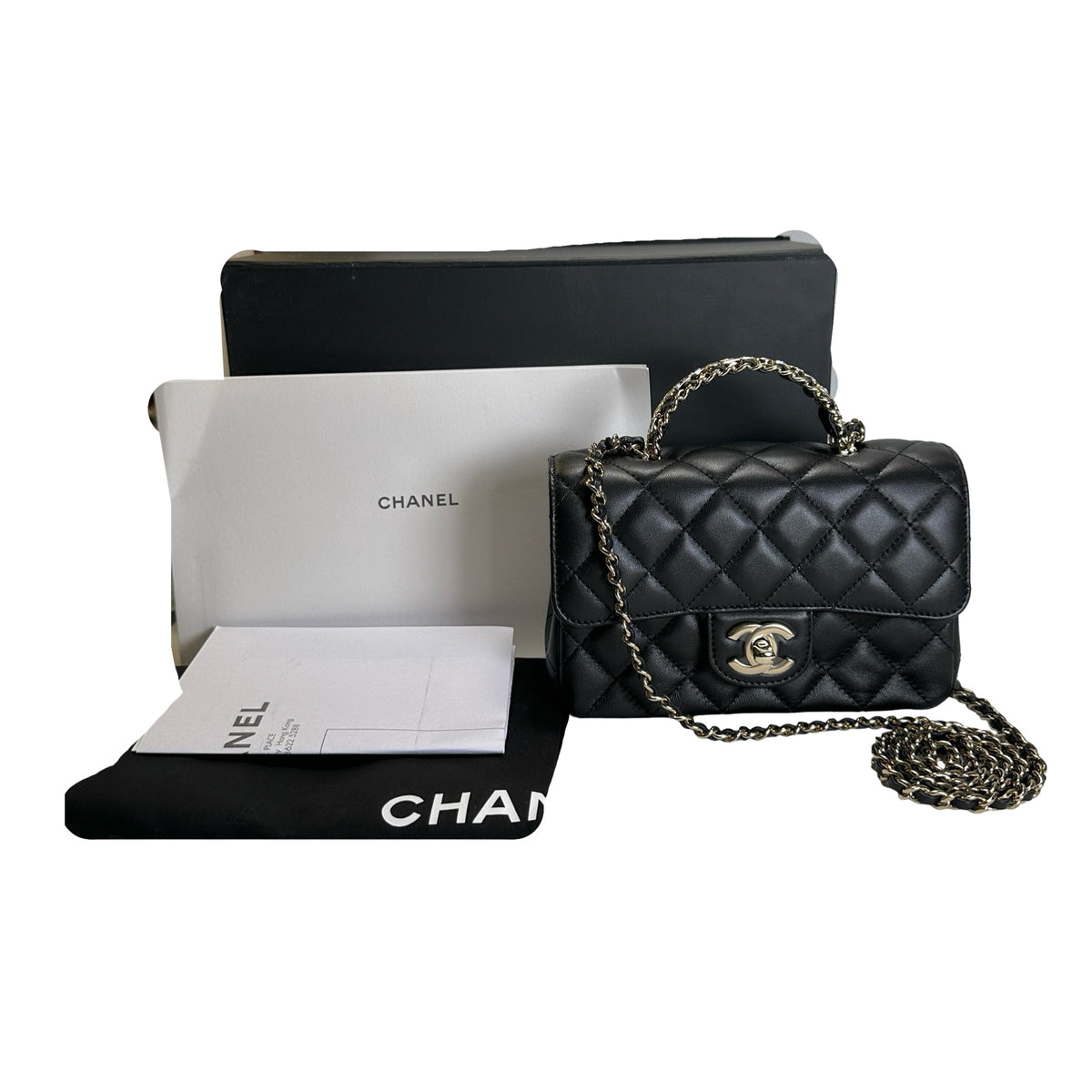 Used CHANEL Quilted Leather Mini Flap Bag with Top Handle Handbag Black