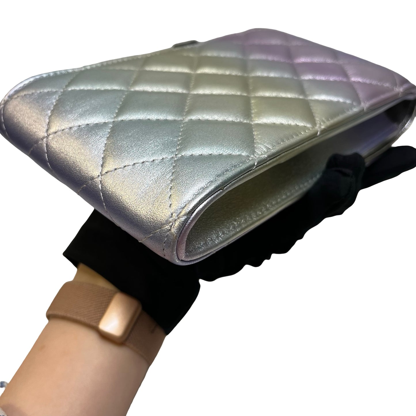 Used CHANEL Quilted Metallic Quilted Phone Bag Phone Bag Ombre Silver Gold Purple