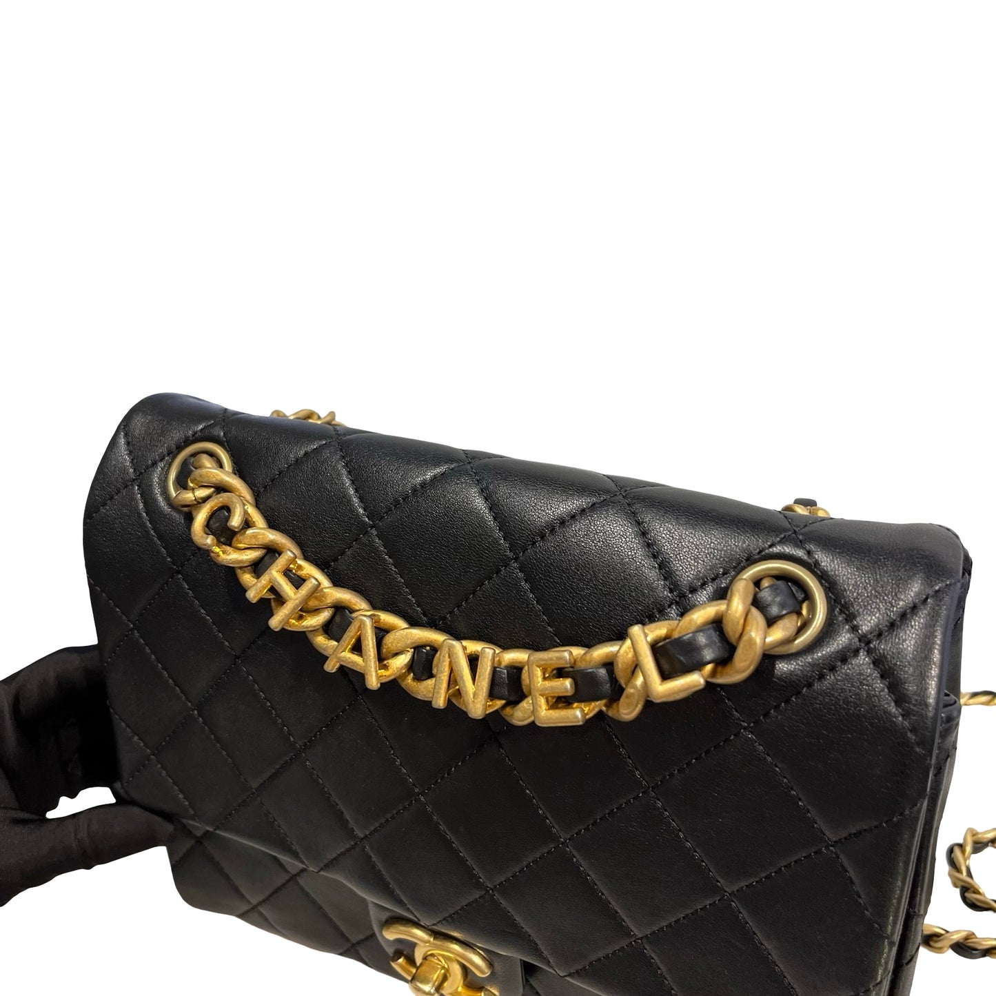 Used CHANEL Quilted Lambskin Mini Rectangular Flap Bag Chain shoulder bag Black GHW