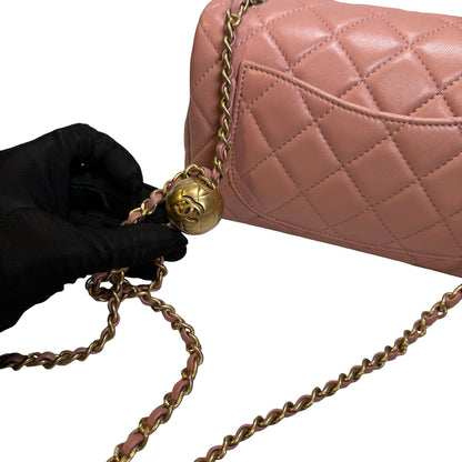Used CHANEL Diamond Quilted Lambskin Mini Rectangular Flap Chain Shoulder Bag Pink