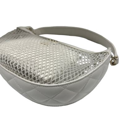 Used CHANEL Mesh Leather 25S Half Moon Clutch Hobo Bag White GHW