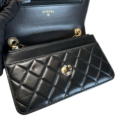 Used CHANEL Quilted Lambskin Wallet on chain Wallet on chain Black Gold