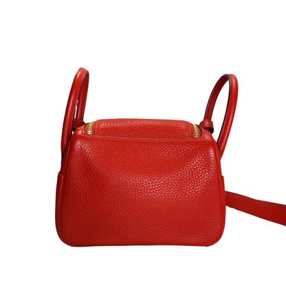 Used HERMES Togo Leather Mini Lindy Handbag Red GHW