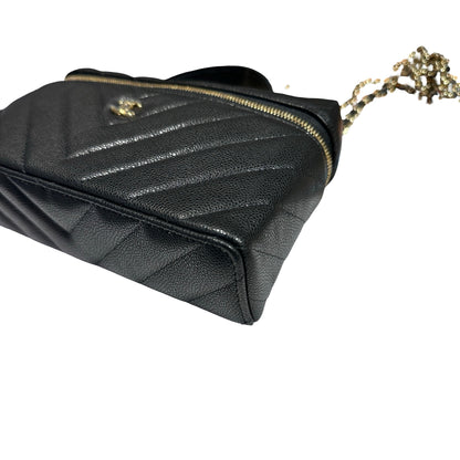 Unused CHANEL Calfskin Leather Vanity Case Cross Body Bag Black GHW