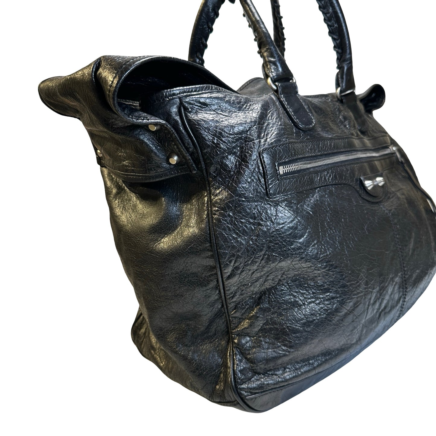 Used BALENCIAGA Leather Solid City Bag Handbag Black PHW