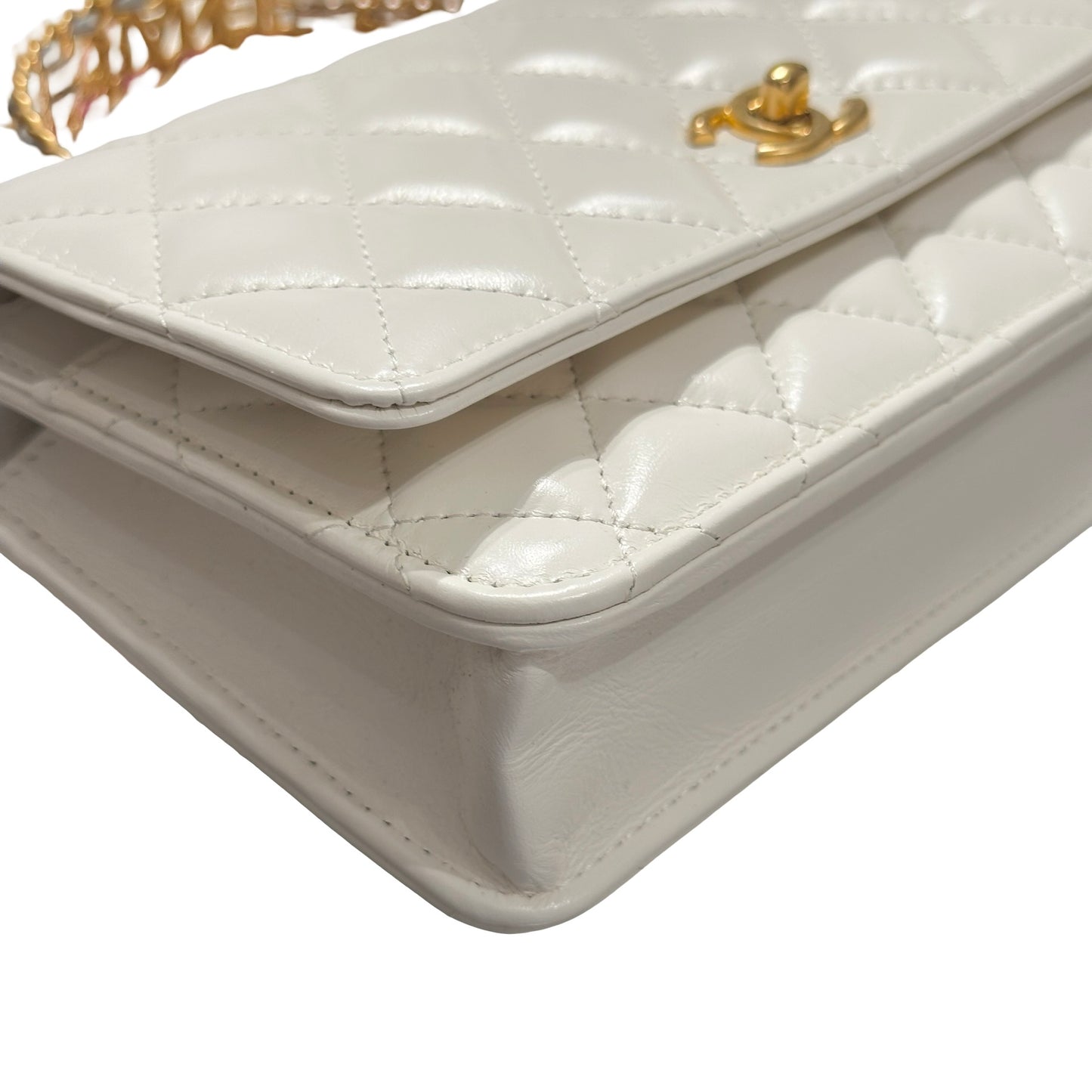 Used CHANEL Lambskin Leather 23P RAINBOW TOP HANDLE WOC Cross Body Bag White GHW