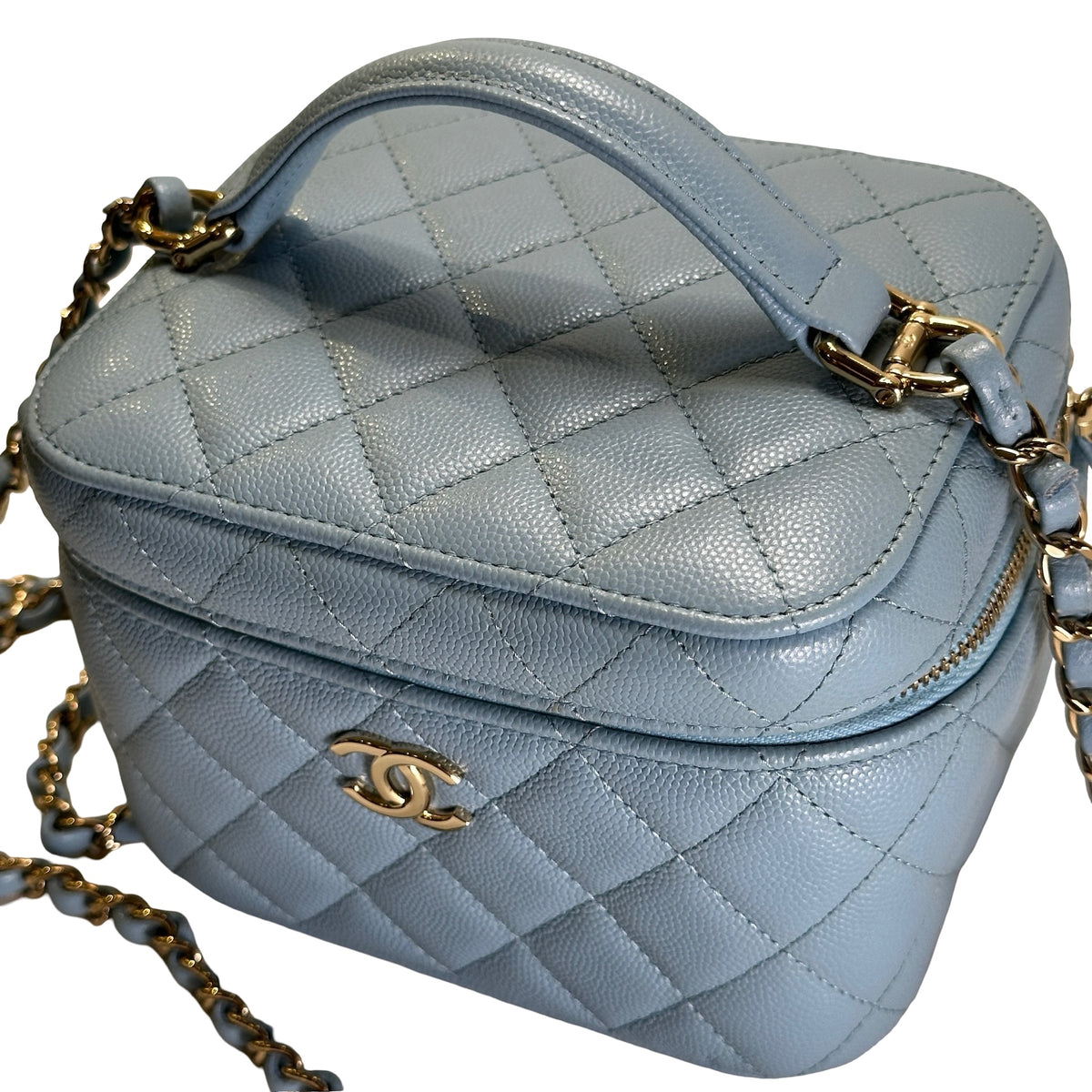 Used CHANEL Quilted Caviar Leather Vanity Case Vanity case Light Blue