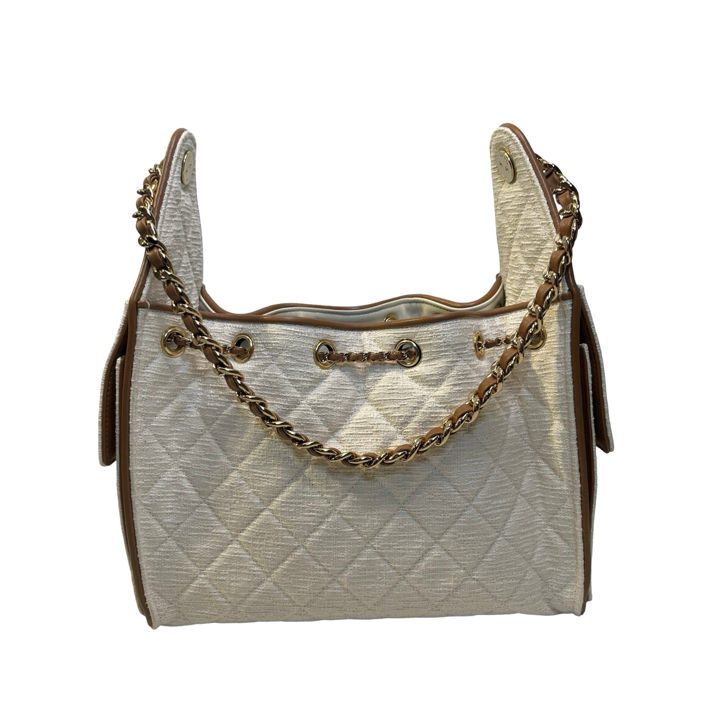 Used CHANEL Quilted Tweed Deauville Handbag White Brown