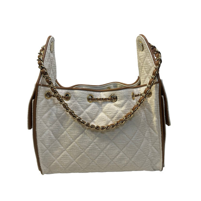 Used CHANEL Quilted Tweed Deauville Handbag White Brown