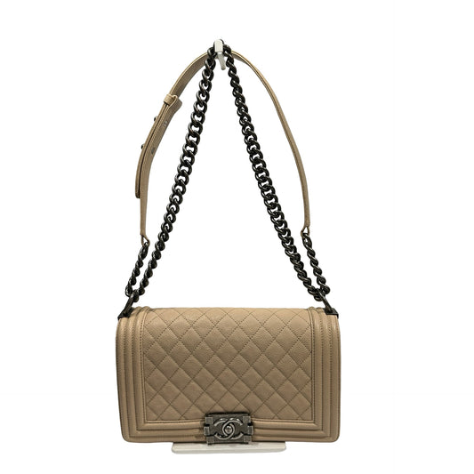 Used Chanel Caviar Leather Boy 25 Shoulder Bag Beige PHW