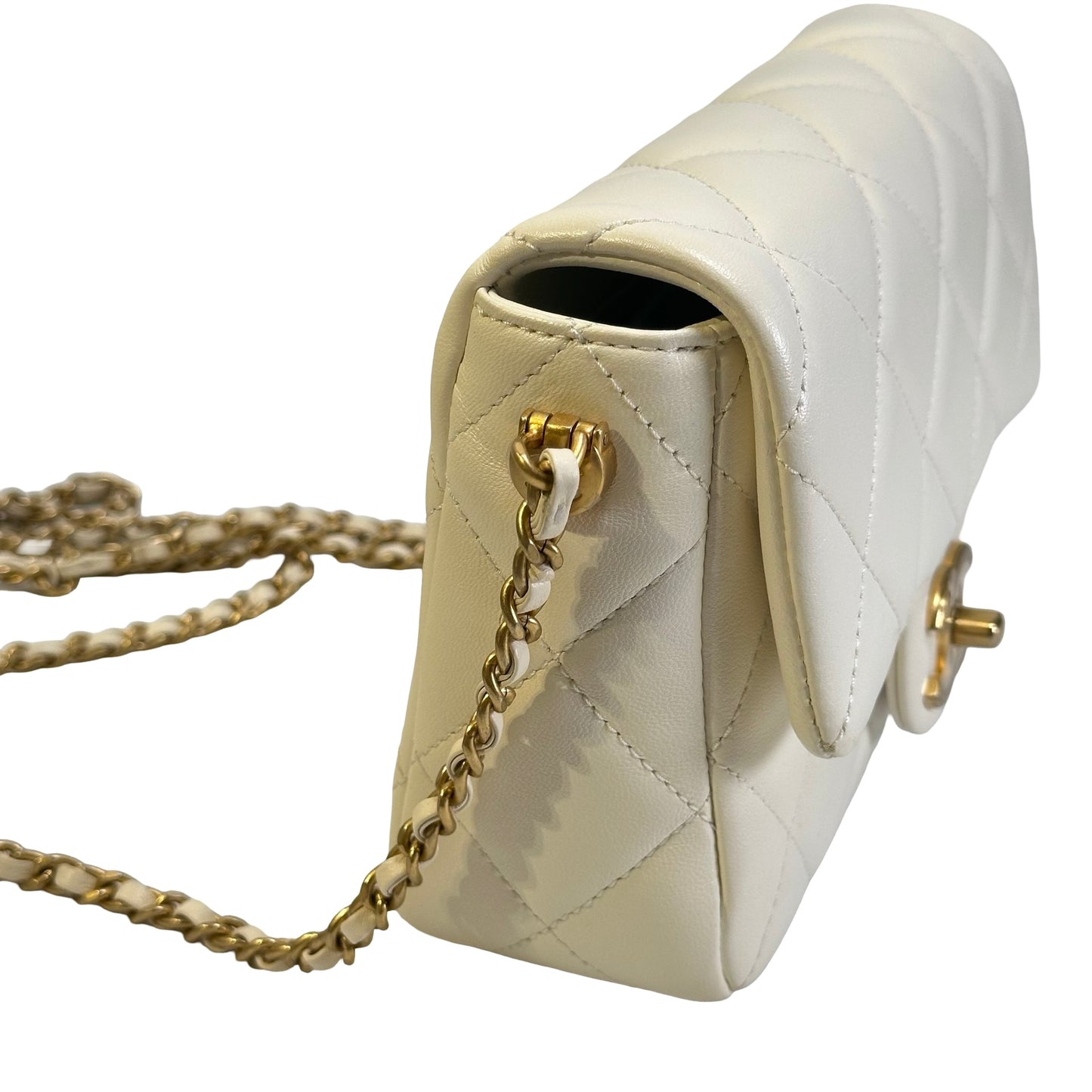Used CHANEL Lambskin Mini Flap Bag With pearl Mini Bag White
