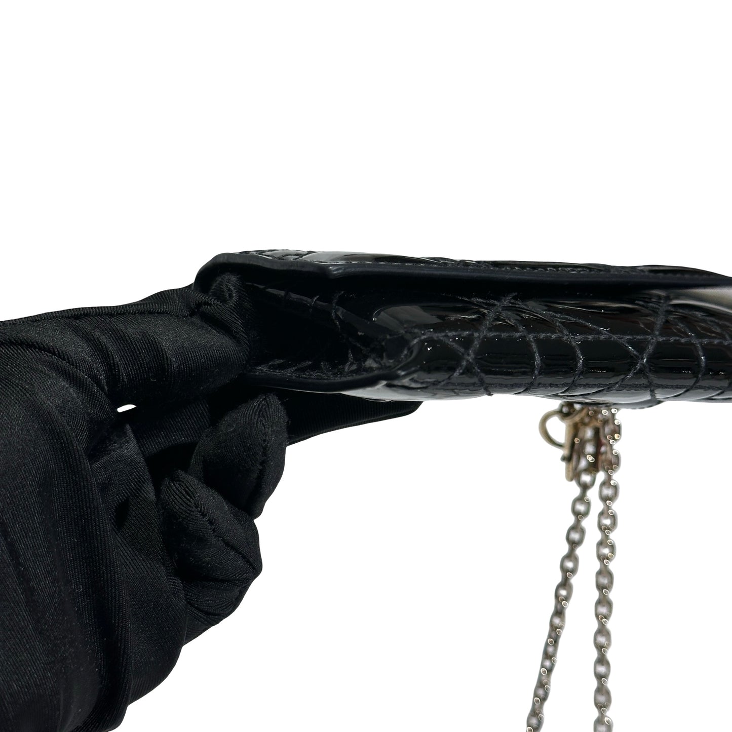Used DIOR Cannage Patent Leather LADY DIOR NANO POUCH with CHAIN Chain Shoulder Bag Black GHW