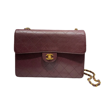 Used CHANEL Caviar Leather Vintage Half Flap Chain Shoulder Bag Burgundy