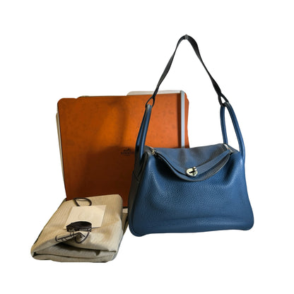 Used HERMES Leather Togo Lindy Handbag Blue PHW