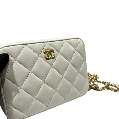 Used CHANEL Lambskin Leather Camera case with golden ball Camera Bag White GHW