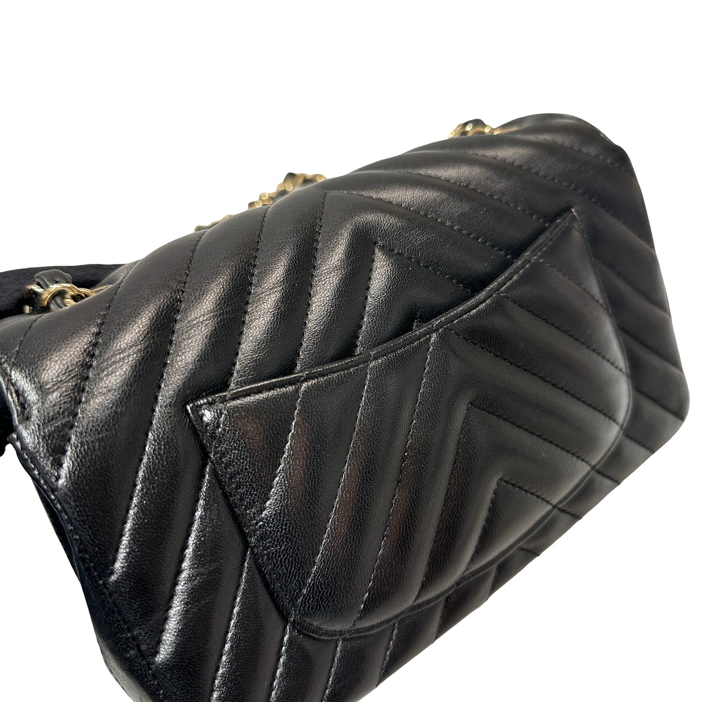 Used CHANEL Chevron Lambskin Leather Mini Square Flap Chain Shoulder Bag Black GHW