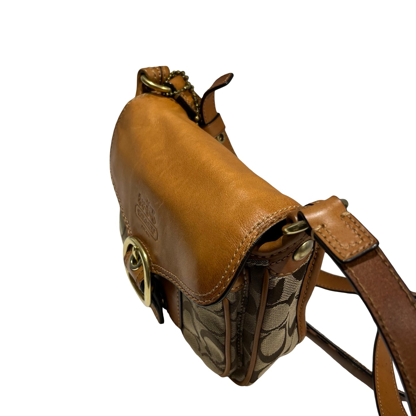 Used COACH Signature Canvas Leather Signature Canvas Flap Bag Crossbody Bag Brown Beige