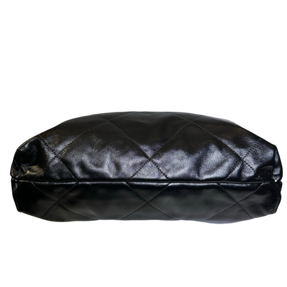 Used Chanel Shiny Calfskin 22 Hobo Bag Black PHW