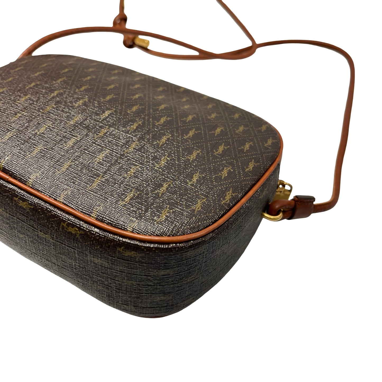 Used SAINT LAURENT Calfskin Leather Monogram Crossbody Shoulder Bag Brown GHW