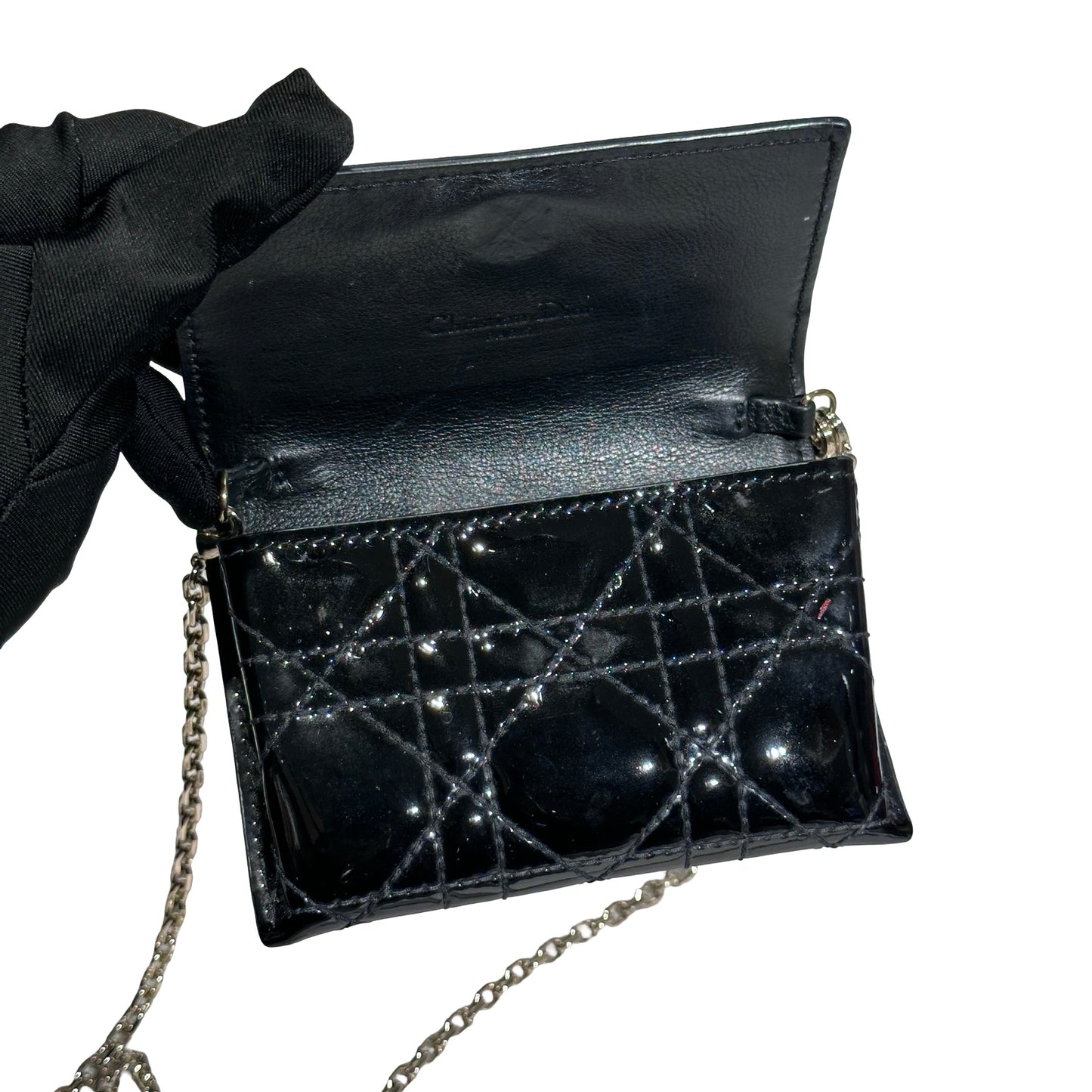 Used DIOR Cannage Patent Leather LADY DIOR NANO POUCH with CHAIN Chain Shoulder Bag Black GHW