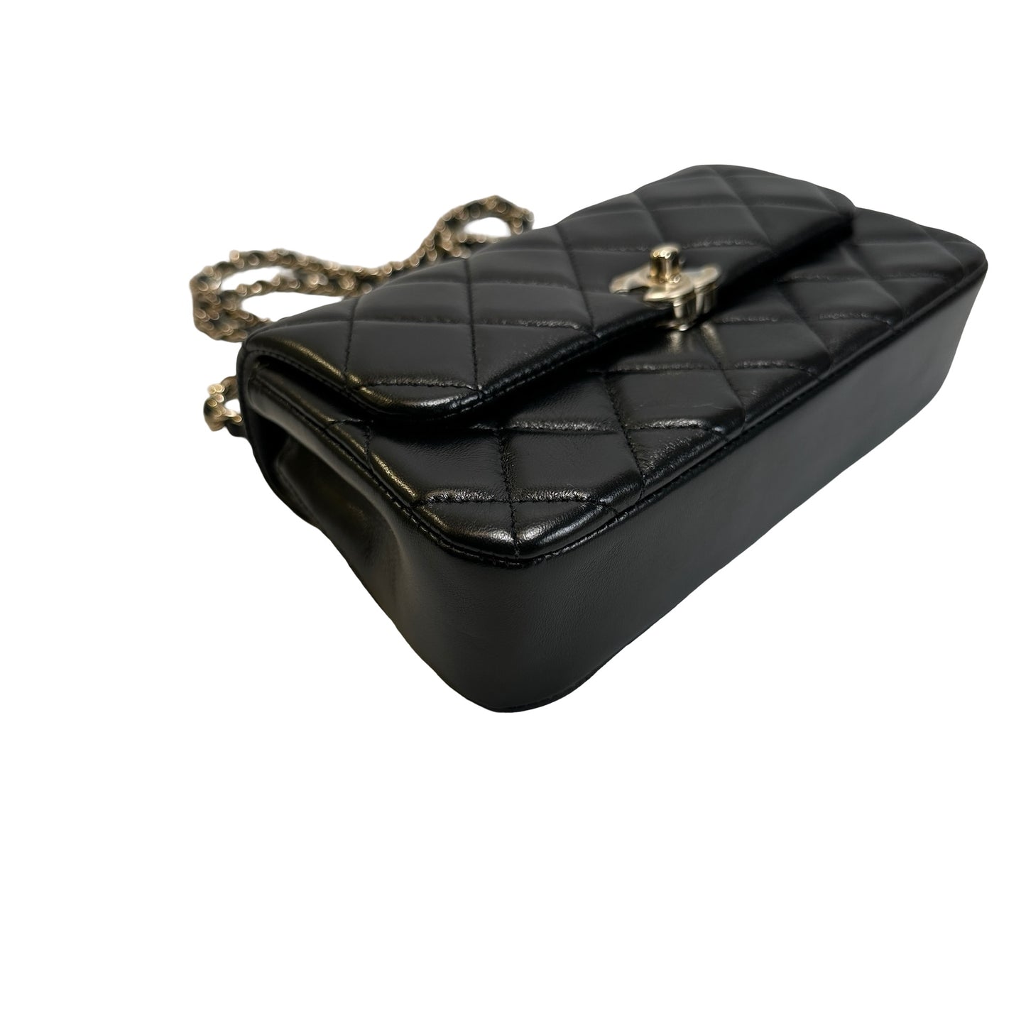 Used CHANEL Quilted Lambskin Mini Rectangular Flap Bag Chain Shoulder Bag Black Gold