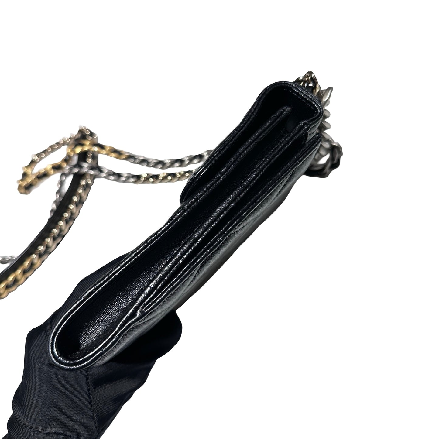 Used CHANEL Lambskin Leather 19 Phone Holder with Chain Phone Bag Black PHW