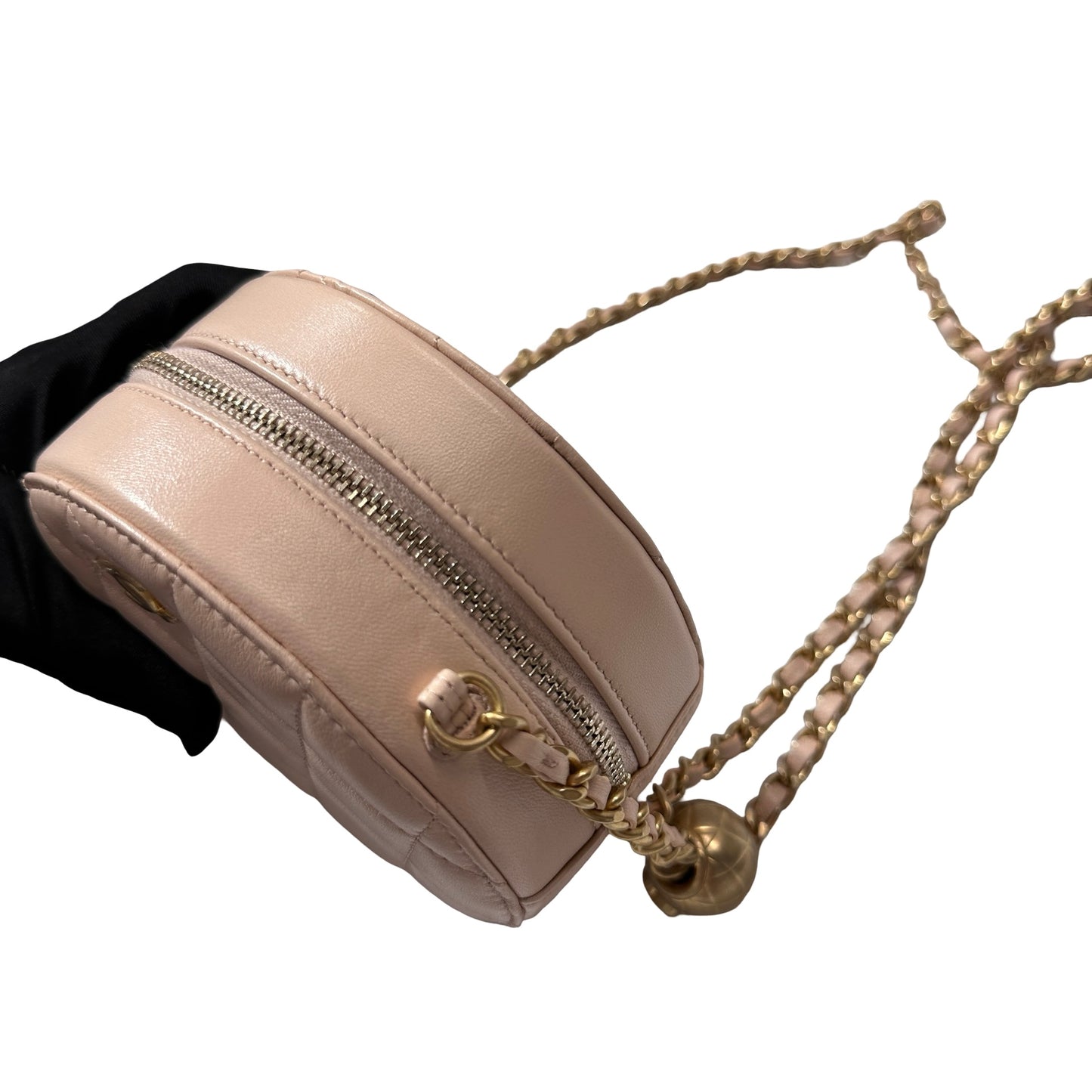 Used CHANEL Lambskin Leather Chain with Gold Ball Cross Body Bag Pink GHW