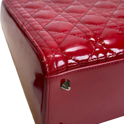 Used DIOR Cannage Patent Leather Lady Dior Handbag Red