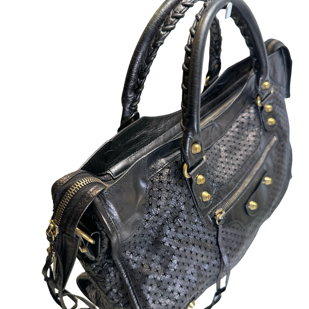 Used BALENCIAGA Leather Perforated City Handbag Black