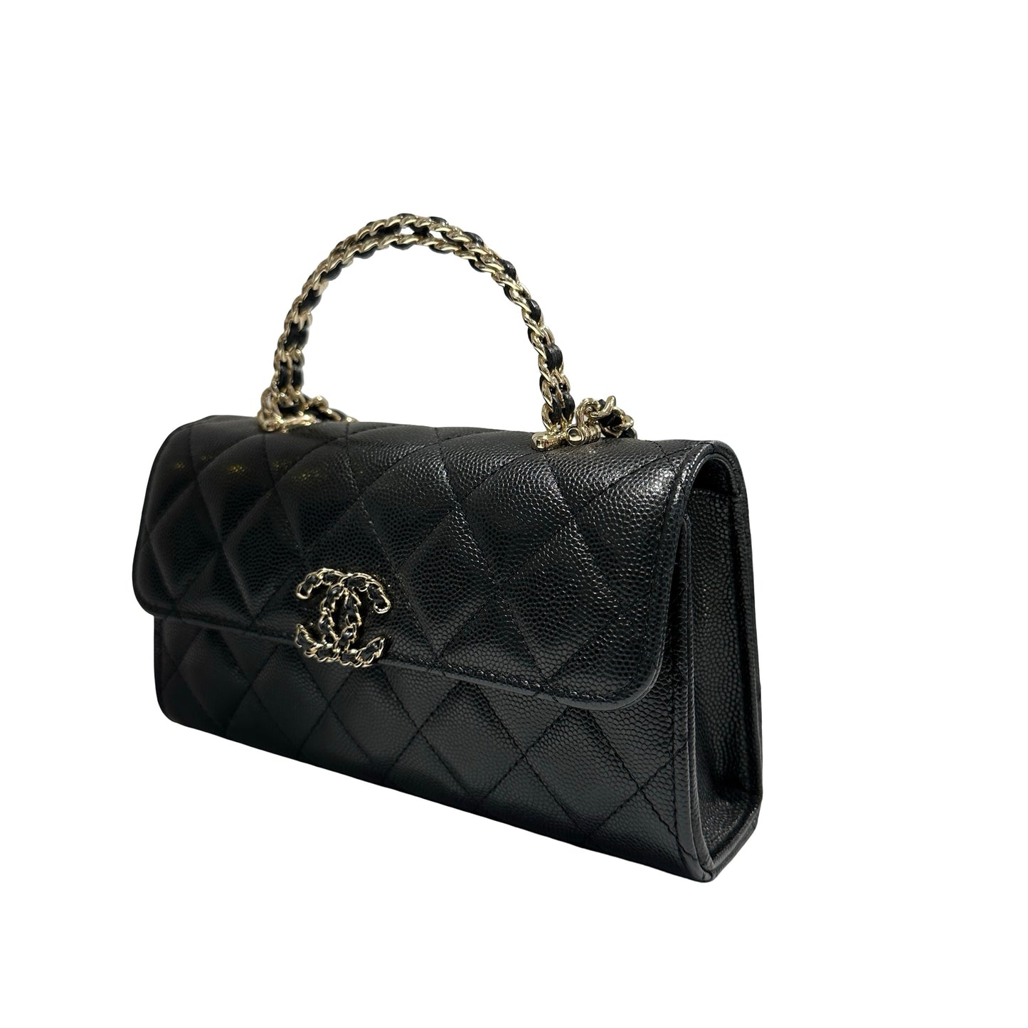 Used CHANEL Quilted Caviar Handle Classic Flap Handbag Black Gold