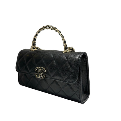 Used CHANEL Quilted Caviar Handle Classic Flap Handbag Black Gold
