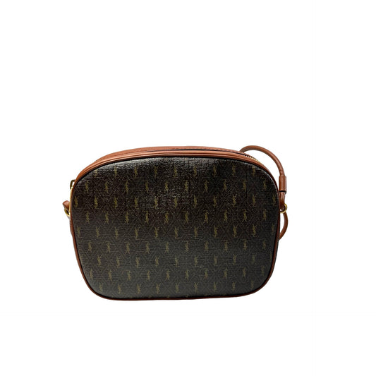Used SAINT LAURENT Calfskin Leather Monogram Crossbody Shoulder Bag Brown GHW