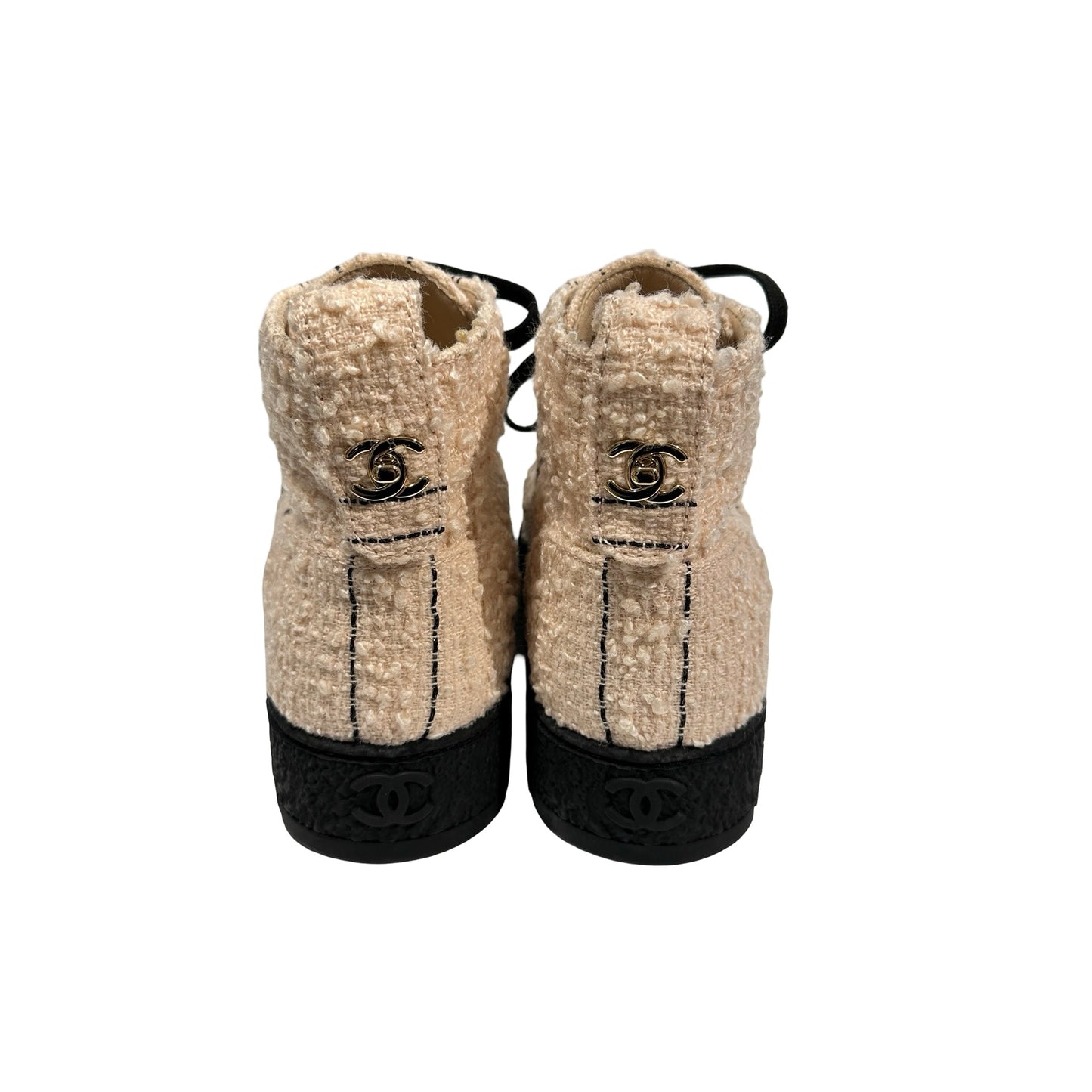 Used CHANEL Tweed High-top Sneakers Shoes Beige Black GHW