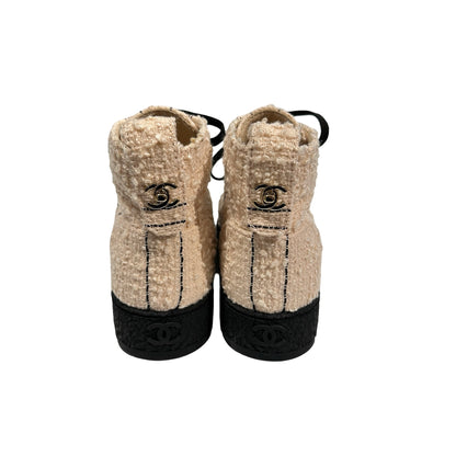 Used CHANEL Tweed High-top Sneakers Shoes Beige Black GHW