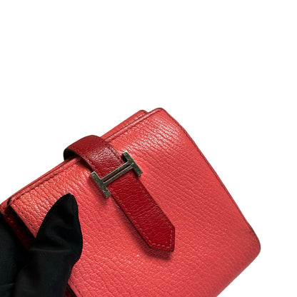 Used HERMES Leather Bearn Wallet Pink Red