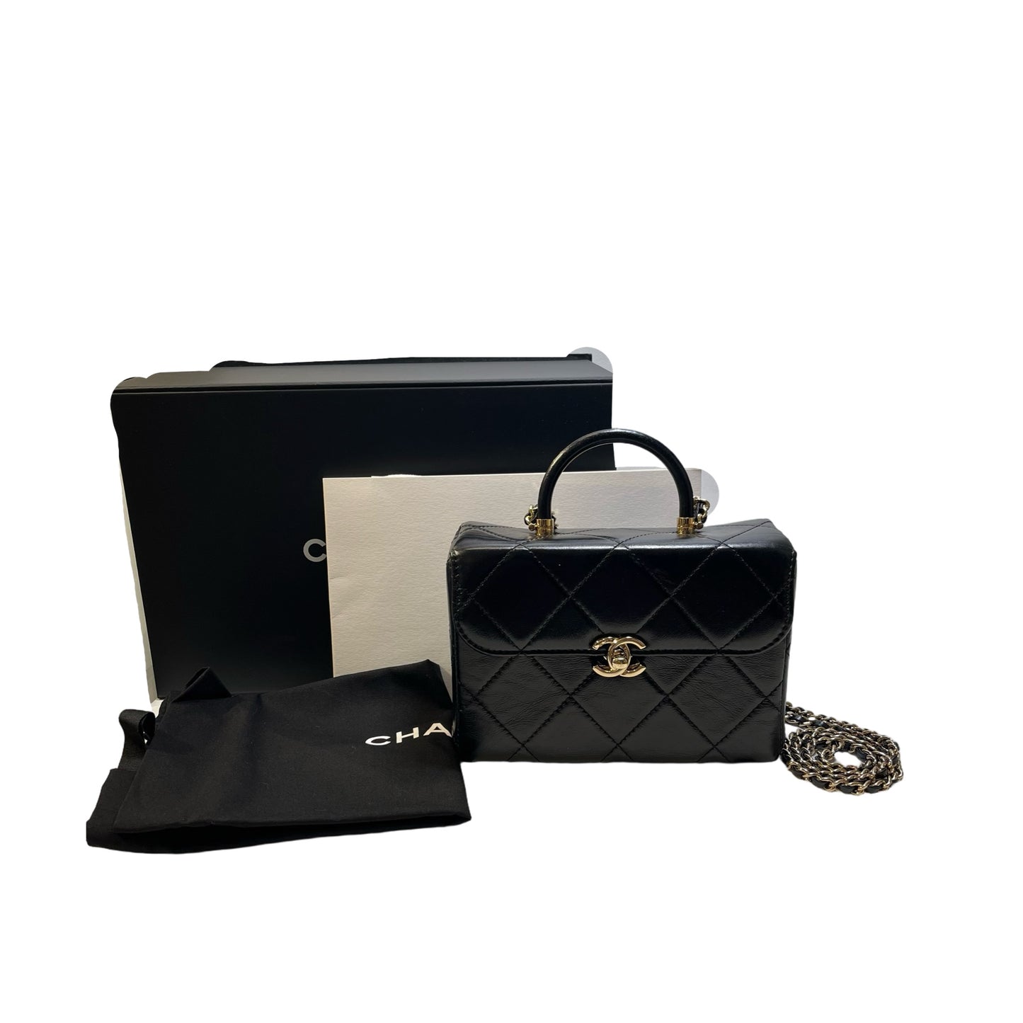 Used CHANEL Quilted Lambskin Mini flap bag with top handle Mini Bag Black Gold tone hardware