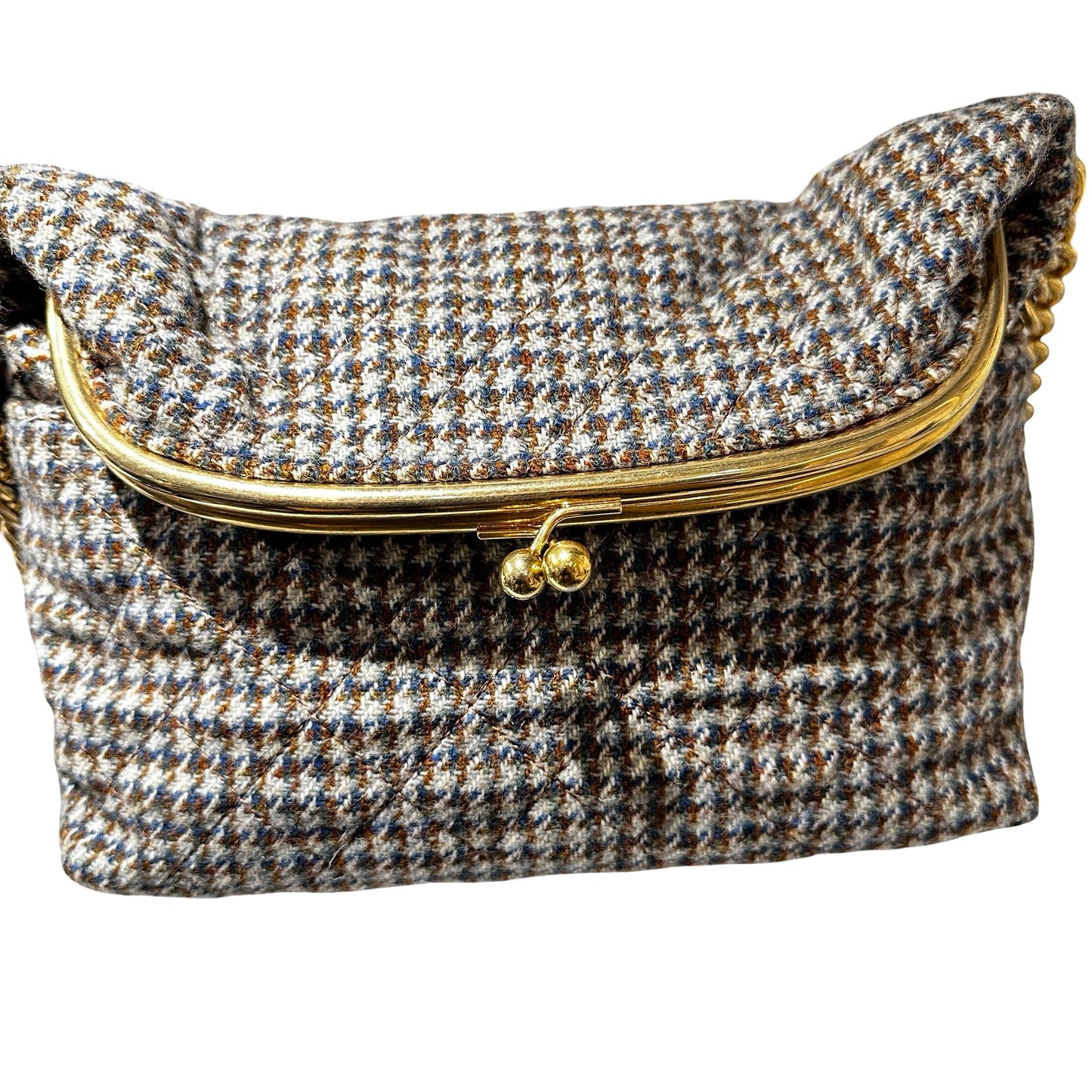 Used CHANEL Houndstooth Tweed Tabatiere Kiss Lock Chain Shoulder Bag Brown Blue Grey GHW