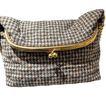 Used CHANEL Houndstooth Tweed Tabatiere Kiss Lock Chain Shoulder Bag Brown Blue Grey GHW