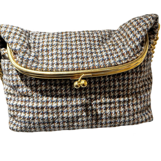 Used CHANEL Houndstooth Tweed Tabatiere Kiss Lock Chain Shoulder Bag Brown Blue Grey GHW