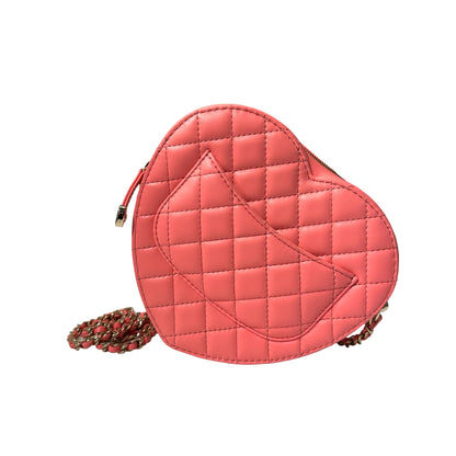 Used CHANEL Lambskin Leather HEART Cross Body Bag Pink GHW