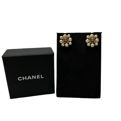 Used CHANEL Faux Pearl Strass CC Logo Pearl Stud Earrings Gold White Pink