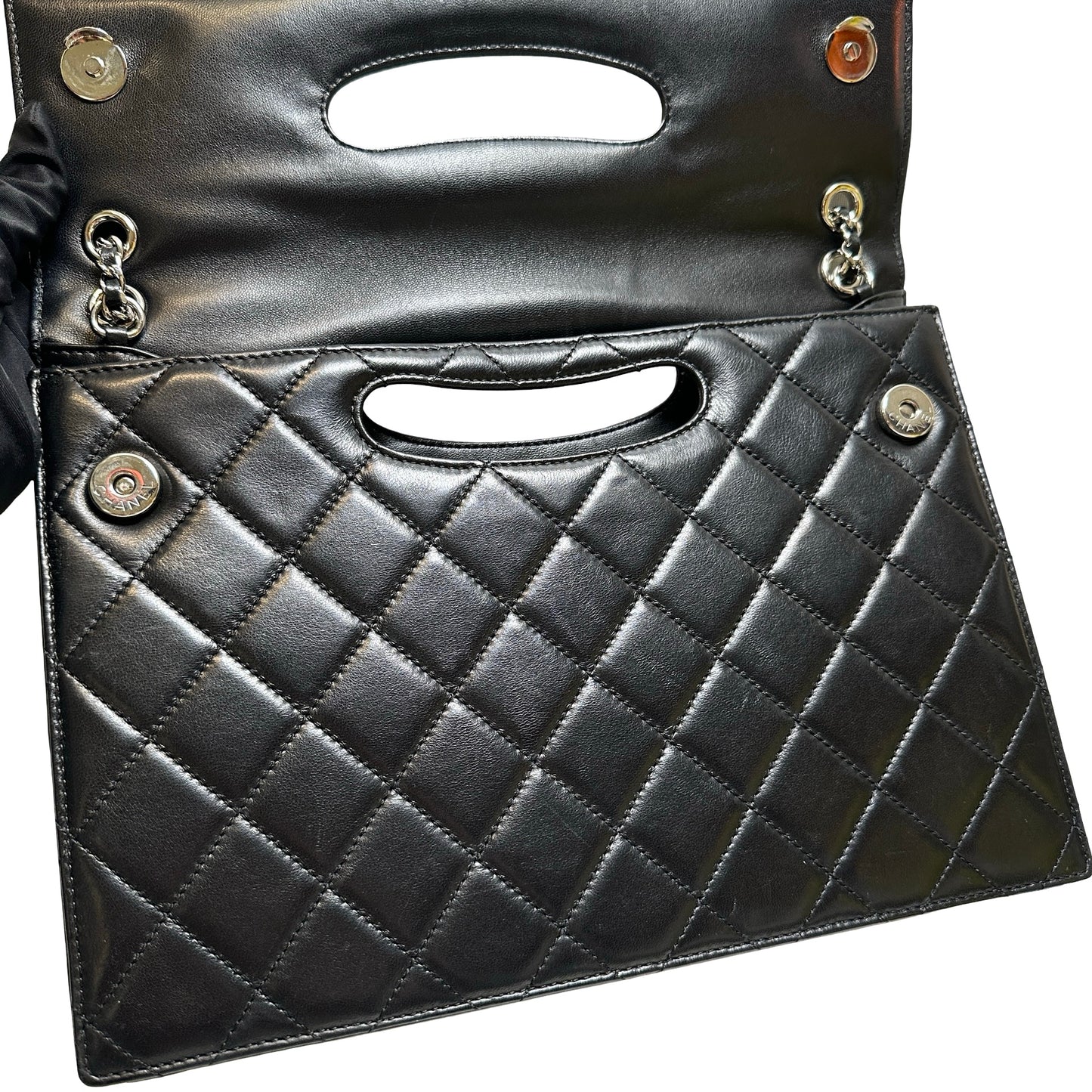 Used CHANEL Quilted Leather Quilted Top Handle Flap Bag Handbag Black Silver