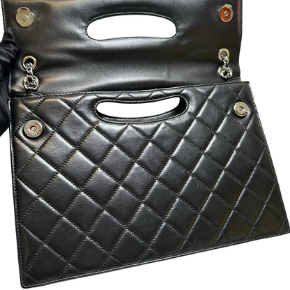 Used CHANEL Quilted Leather Quilted Top Handle Flap Bag Handbag Black Silver