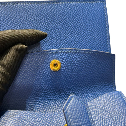 Used HERMES Epsom Bearn Card holder Blue Gold Hardware