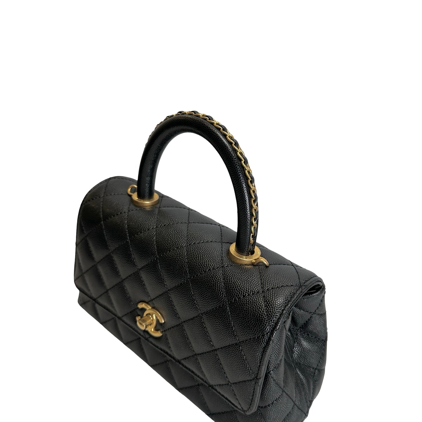 Used CHANEL Quilted Caviar Coco Handle Handbag Black Gold