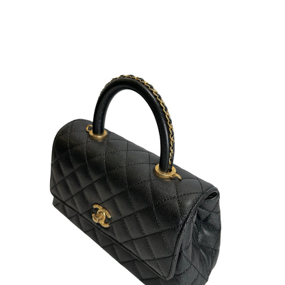Used CHANEL Quilted Caviar Coco Handle Handbag Black Gold