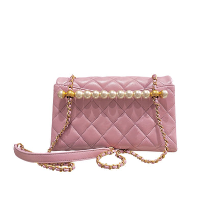 Used CHANEL Lambskin Cross Body Bag Pink GHW