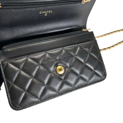 Used CHANEL Quilted Leather Wallet on Chain Wallet on chain Black Gold